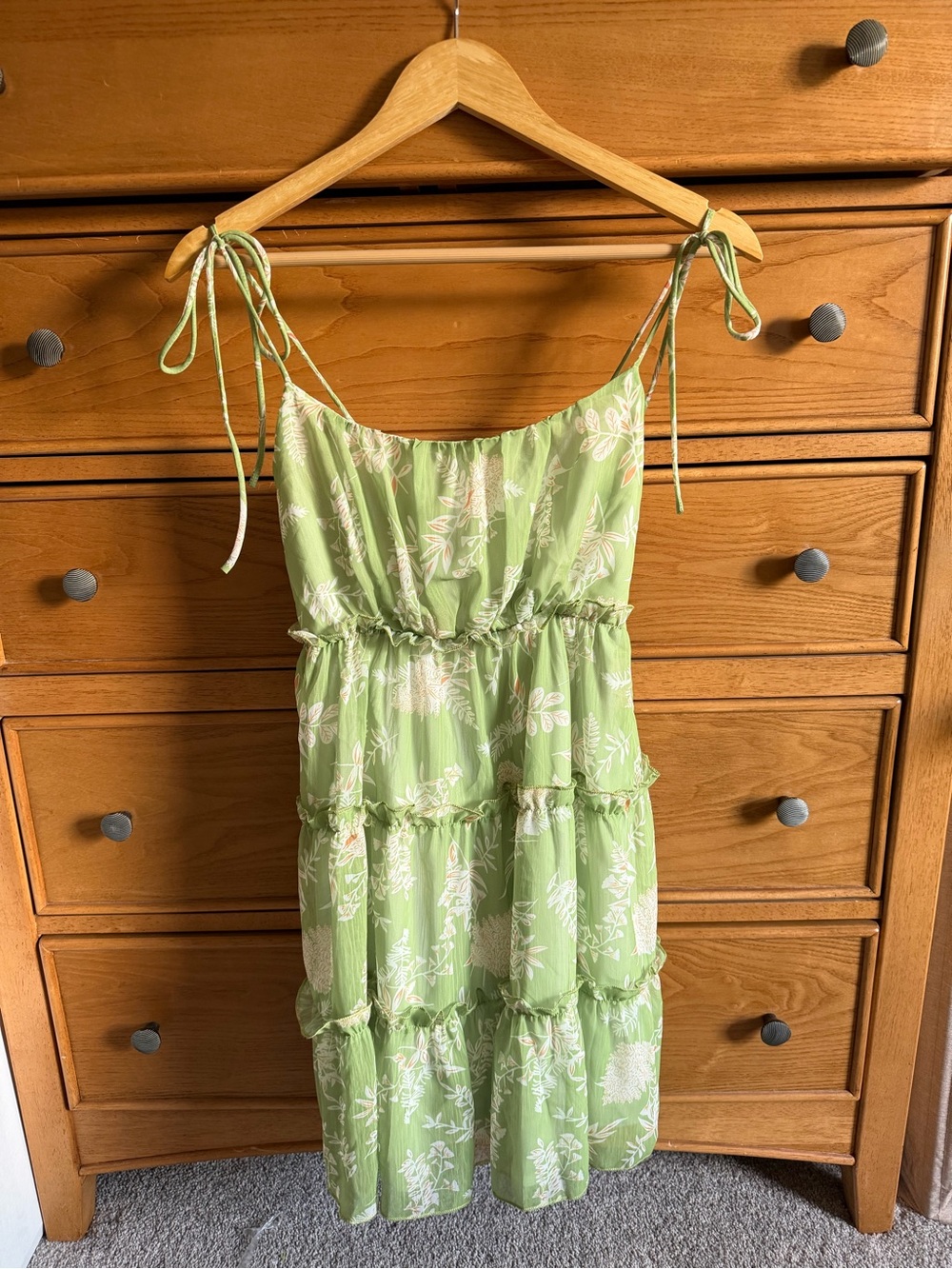 Floral Green Spaghetti Strap Mini Dress Summer Babydoll Fairycore Cottage Size S